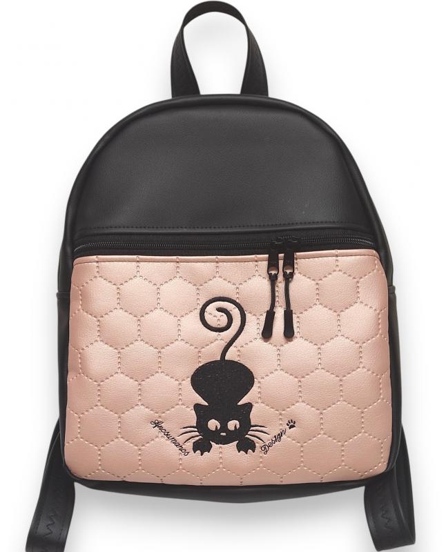 "DORINA-L" hátizsák - Hímzett cicás, fekete-rose, textilbőr pántokkal 33x27x10