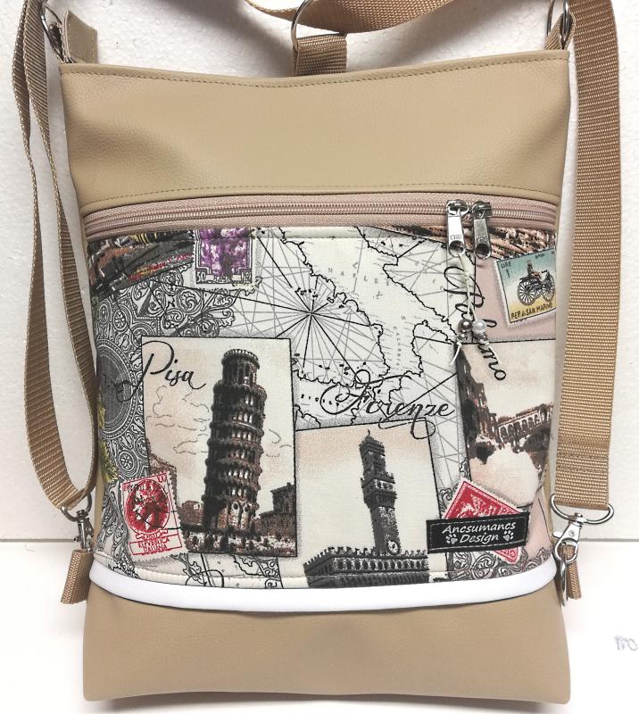"I love Italia" 3in1 drapp-beige textilbőr hátizsák oldaltáska
