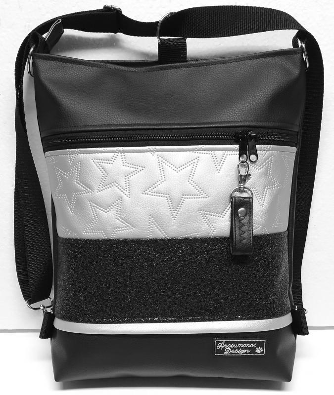 3in1 elegáns fekete-ezüst csillag női univerzális hátizsák oldaltáska szegecselt cipzárdísszel