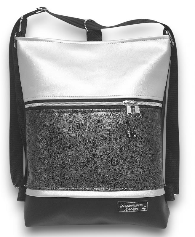 3in1 elegáns fekete-indamintás antik ezüst női hátizsák oldaltáska