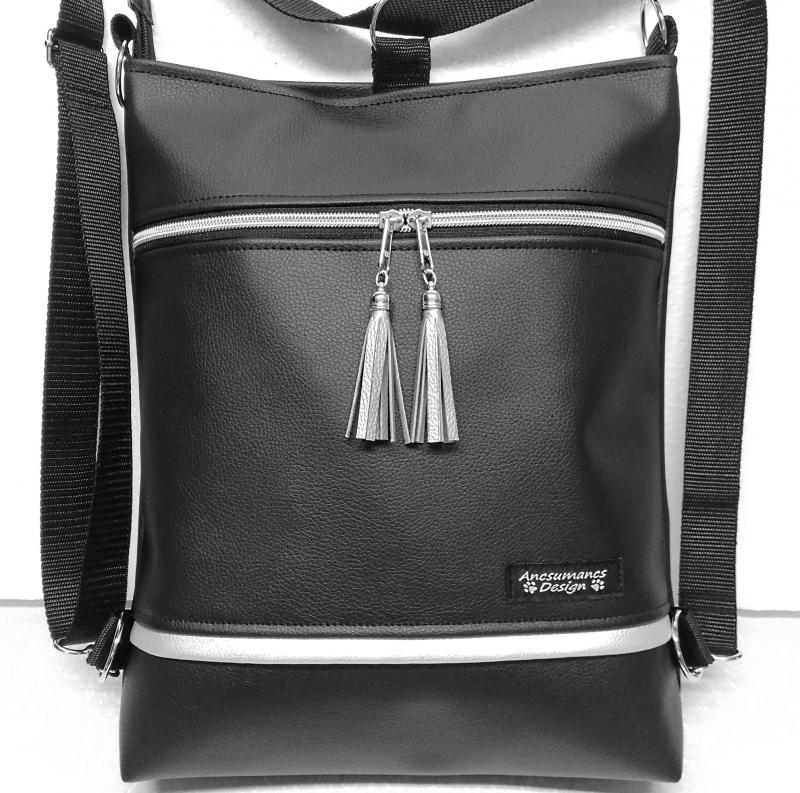 3in1 ezüstcipzáras bojtos fekete  hátizsák oldaltáska