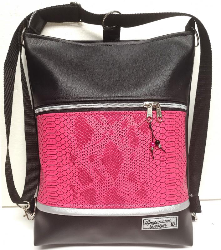 3in1 fekete pink metál hüllőmintás női hátizsák oldaltáska