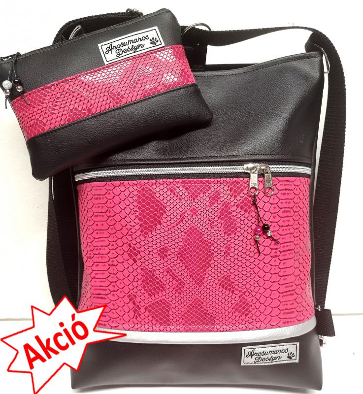3in1 fekete pink metál hüllőmintás női hátizsák oldaltáska szett neszivel