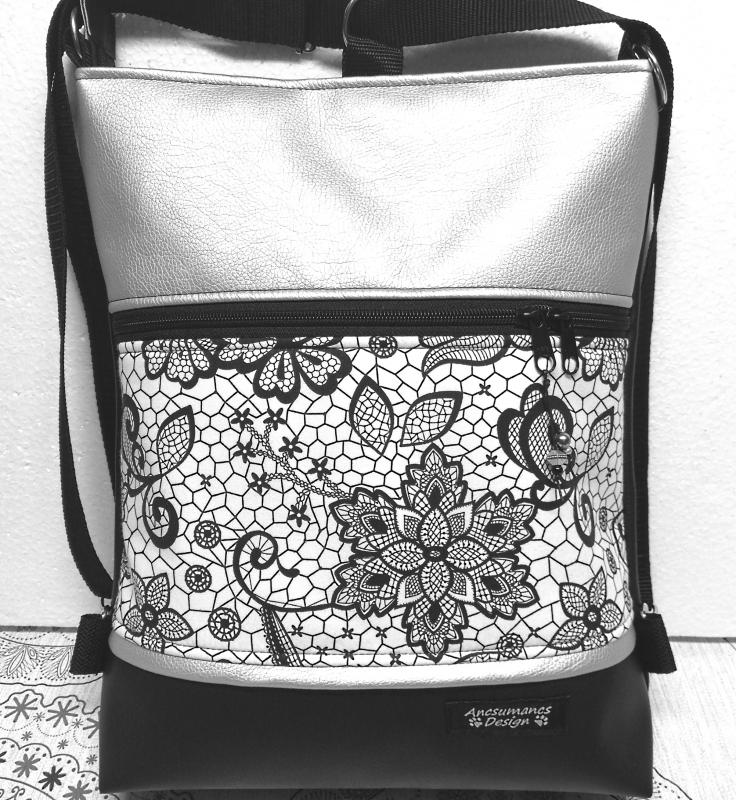 3in1 hátizsák pakolós univerzális táska fekete-csipke-ezüst