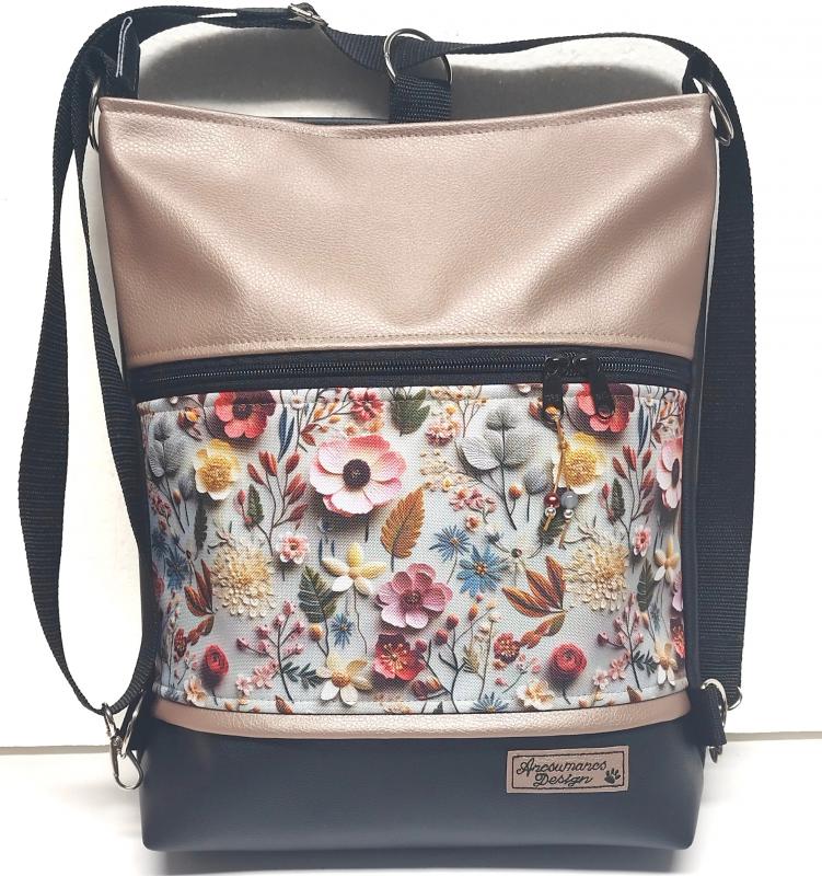 3in1 hátizsák univerzális táska 3D hatású virágok púder fekete alapon