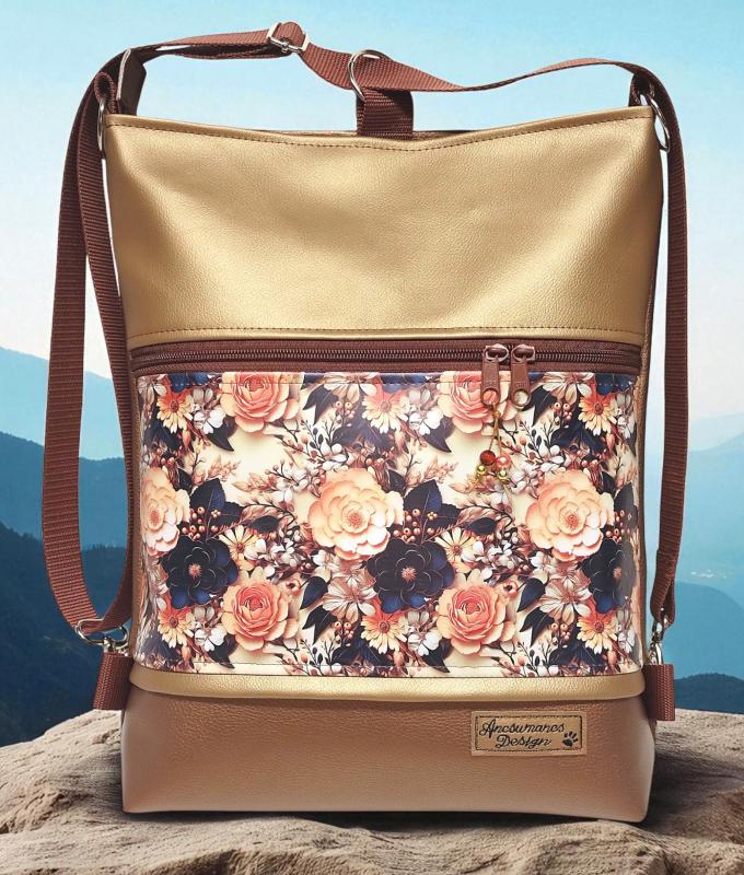 3in1 hátizsák univerzális táska 3D virágok Bronz óarany alapon 002