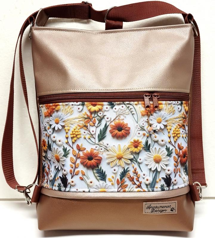 3in1 hátizsák univerzális táska 3D virágok Bronz púder alapon
