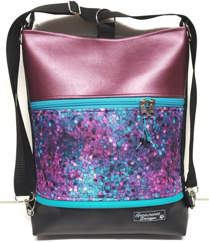 3in1 hátizsák univerzális táska Türkiz Lila Magenta Flittermintás