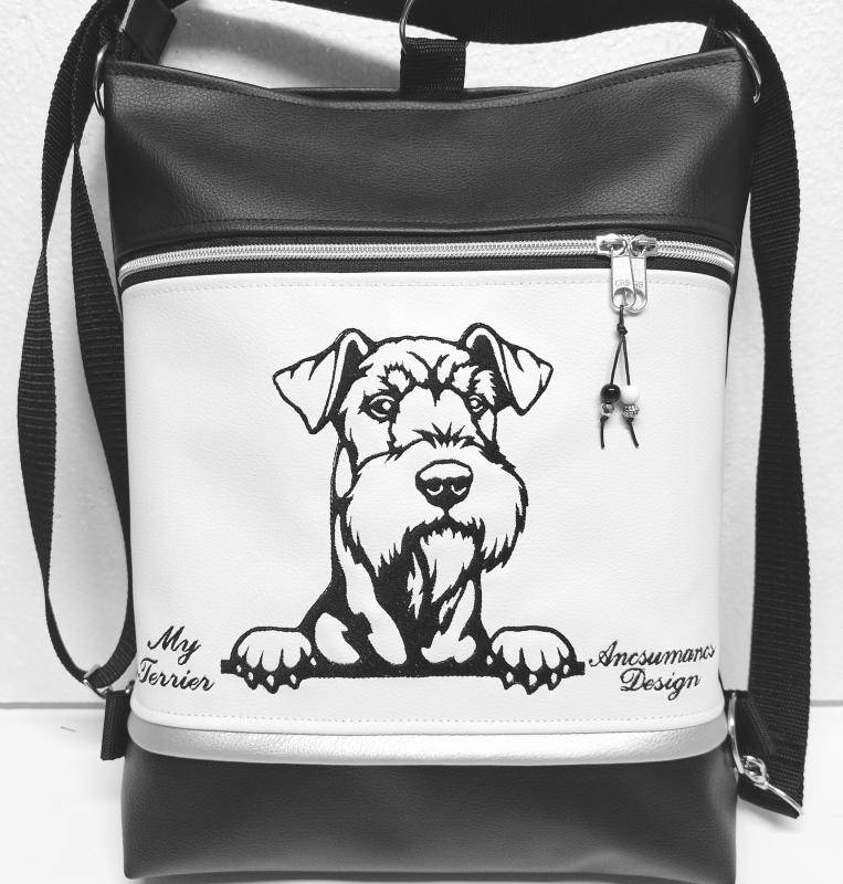 3in1 hímzett Airedale terrier kutyás hátizsák univerzális táska fekete fehér ezüst