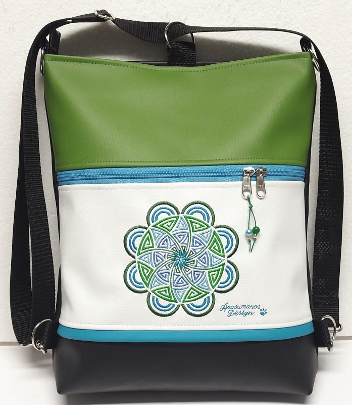 3in1 hímzett kelta mandalás hátizsák oldaltáska fekete zöld fehér türkíz