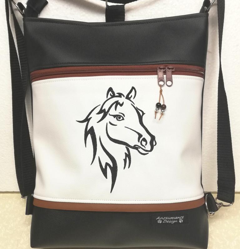 3in1 hímzett lovas hátizsák univerzális táska fekete-fehér