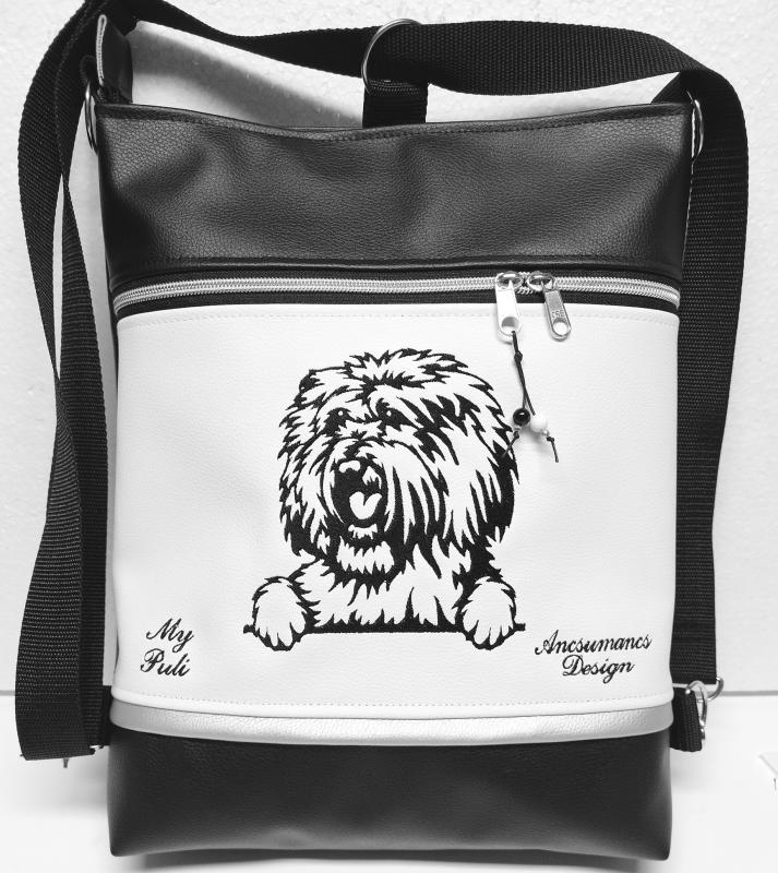 3in1 hímzett Puli kutya hátizsák univerzális táska fekete fehér ezüst