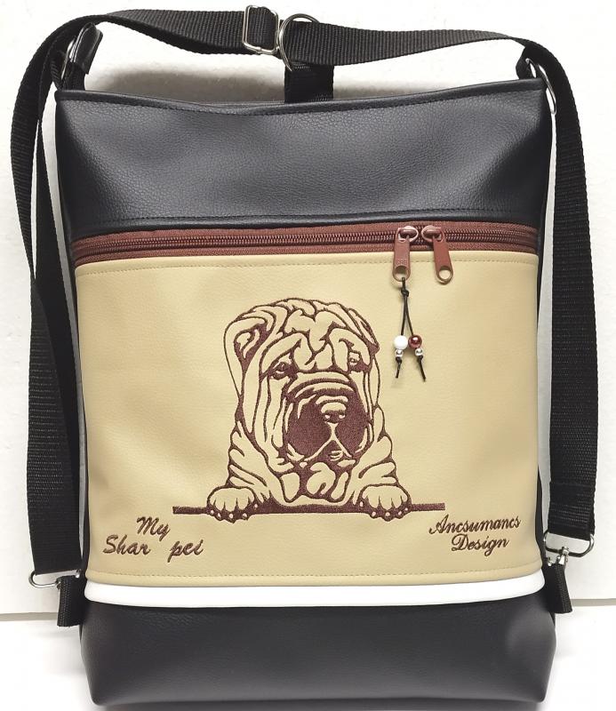 3in1 hímzett Shar Pei kutya hátizsák univerzális táska fekete drapp