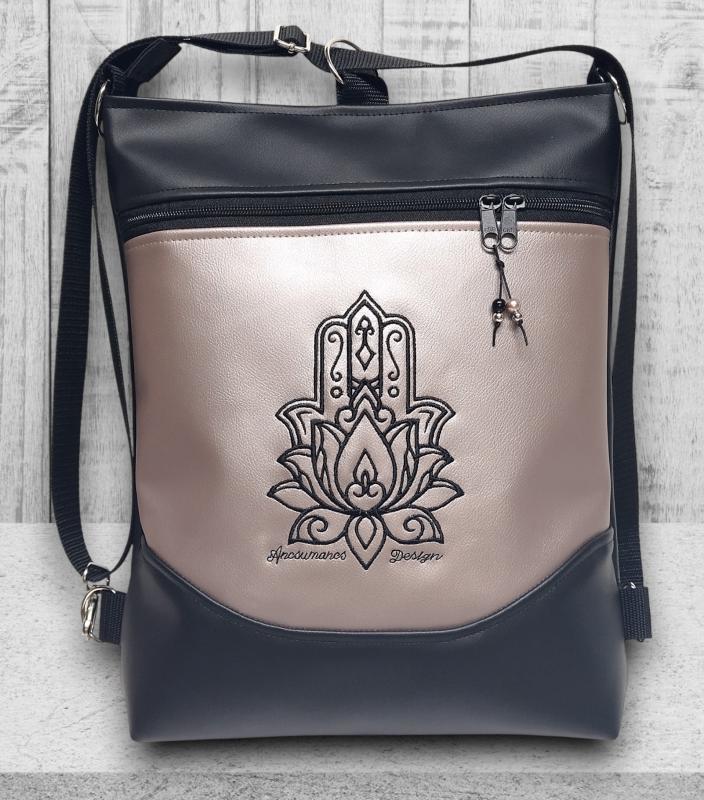 3in1 mosolyvonalas hátizsák univerzális táska Fatima keze hímzett fekete-gyöngyházpúder