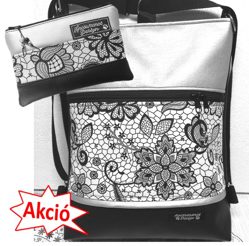 3in1 női hátizsák oldaltáska szett neszivel fekete ezüst csipke mintával