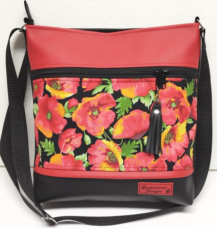 4 zsebes pakolós válltáska oldaltáska 30x30cm pipacsok piros fekete alapon