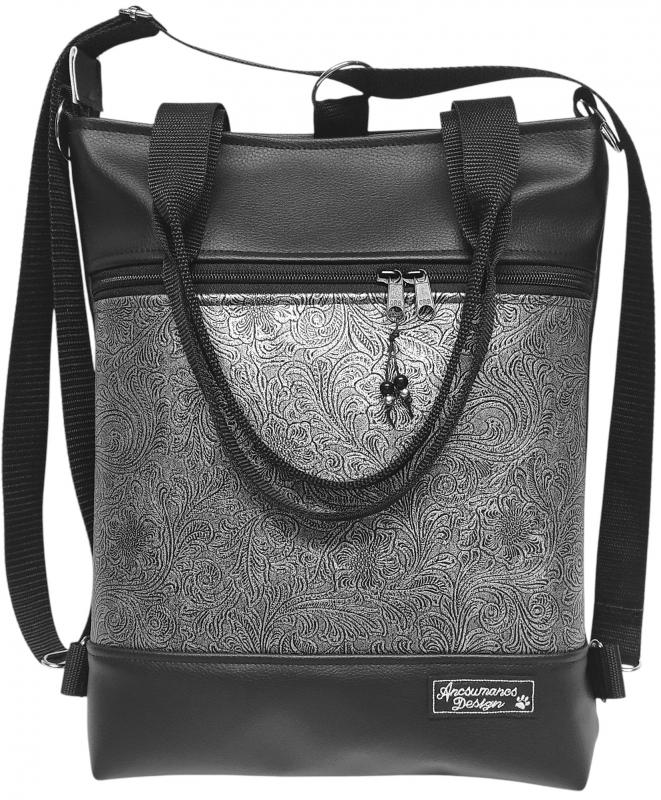 4in1 elegáns fekete-indamintás antik ezüst női hátizsák oldaltáska