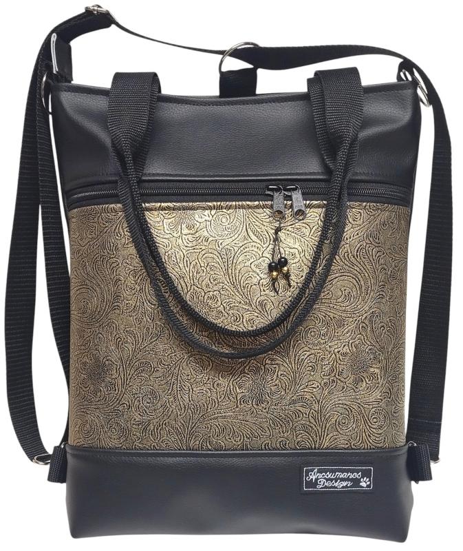 4in1 elegáns fekete-indamintás bronz női hátizsák oldaltáska