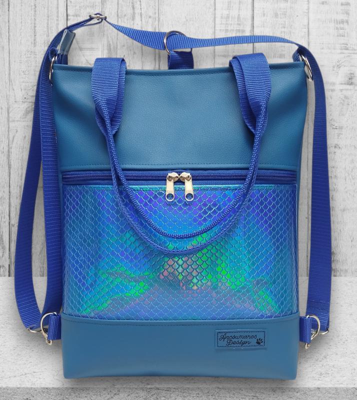 4in1 elegáns női hátizsák oldaltáska Kék alapon kék hologramos sellő mintás bőrrel