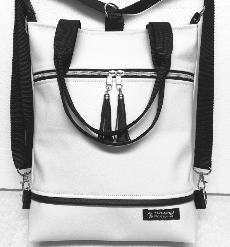 4in1 ezüstcipzáras fehér  hátizsák oldaltáska fekete szerelékkel