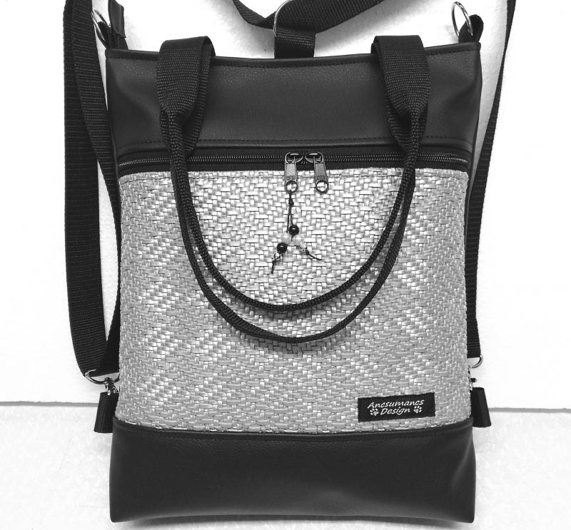 4in1 fonott 3D ezüst-fekete elegáns női hátizsák oldaltáska