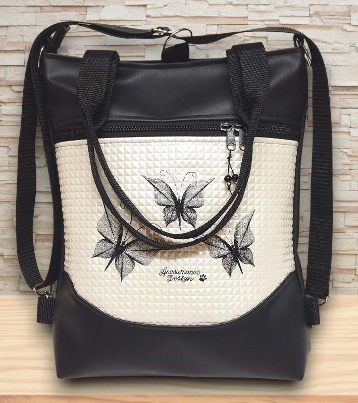 4in1 mosolyvonalas hátizsák univerzális táska hímzett pillangók fekete-piramispezsgő