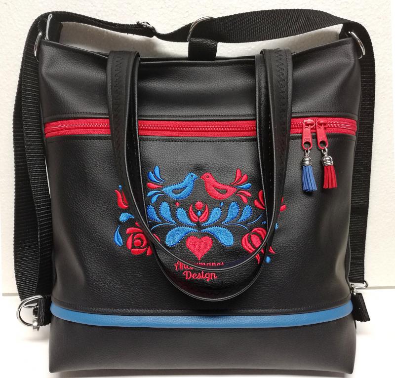 4in1 nagy csini hímzett univerzális táska hátizsák Hungarian Folkart13 fekete alap kék-piros hímzéssel