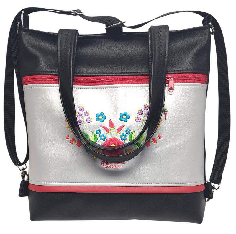 4in1 nagy csini hímzett univerzális táska hátizsák Hungarian Folkart27 fekete ezüst