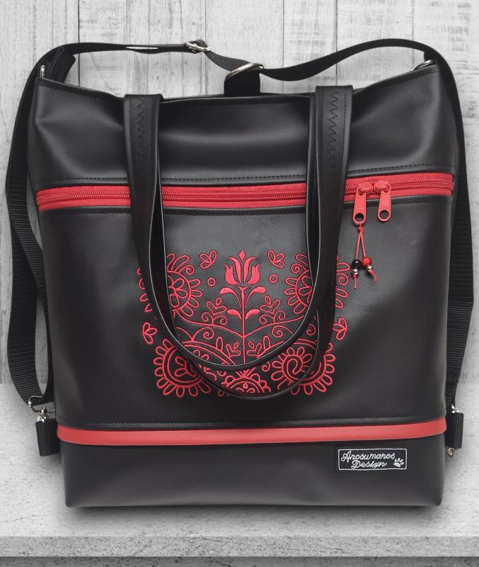 4in1 Nagy Csini Kalotaszegi Hímzett Univerzális Táska Hátizsák Fekete-piros