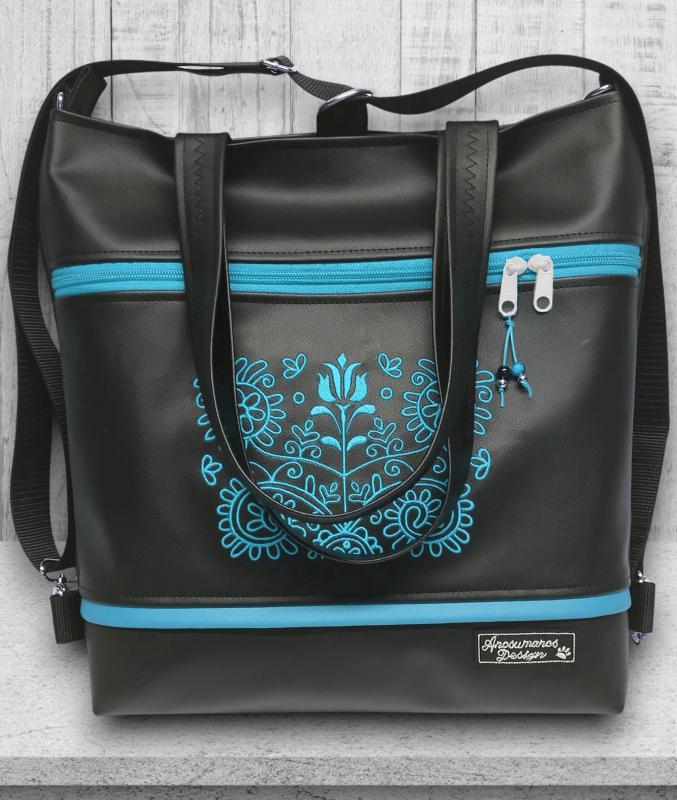 4in1 Nagy Csini Kalotaszegi Hímzett Univerzális Táska Hátizsák Fekete-türkizkék