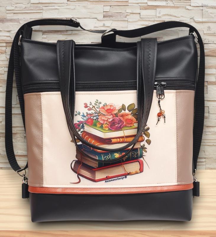 4in1 nagy csini univerzális táska hátizsák Virágzó könyvek púder-fekete alapon