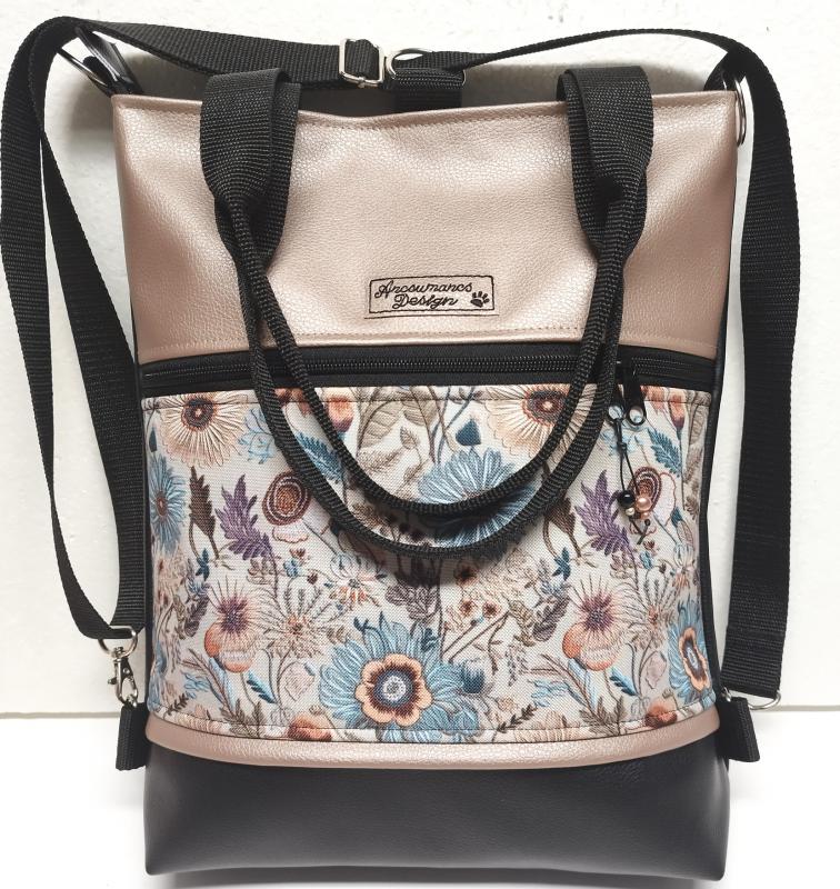 4in1 textilbőr hátizsák univerzális táska - Fekete gyöngyházpúder folk virágokkal