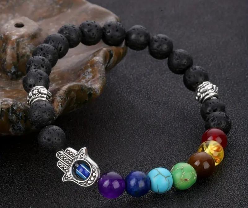 7 csakra lávakő ásványkarkötő HAMSA Fatima keze dísszel