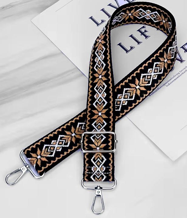 Állítható méretű designer táska vállpánt karabinerekkel 3,8cm folkart flowers black-brown and white 031