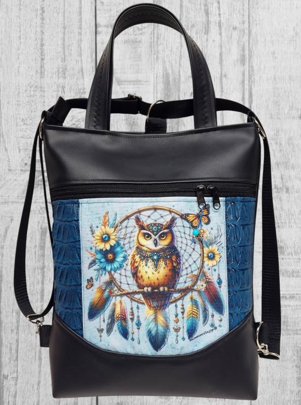 Álomfogó bagoly mintás Mosolyvonalas 4in1 textilbőr hátizsák oldaltáska rövid bőr kézifüllel