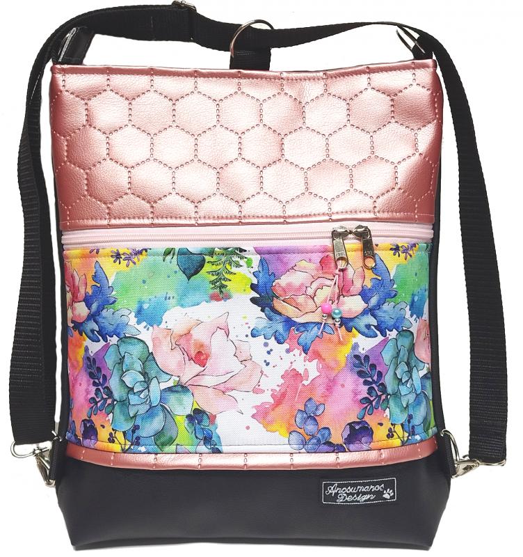 Aquarell virágok fekete rose alapon 3in1 textilbőr hátizsák oldaltáska