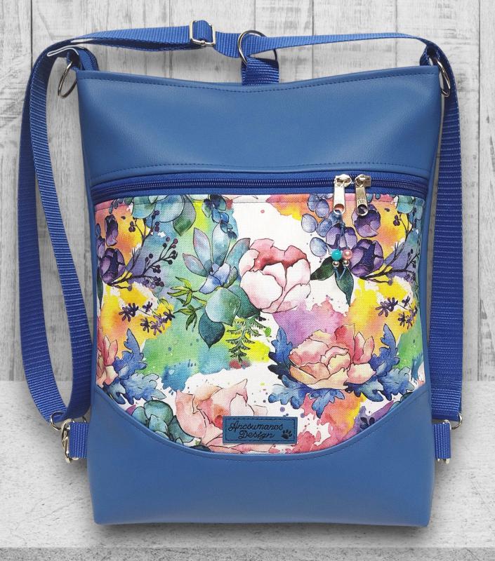 Aquarell virágok kék alapon mosolyvonalas 3in1 textilbőr hátizsák oldaltáska