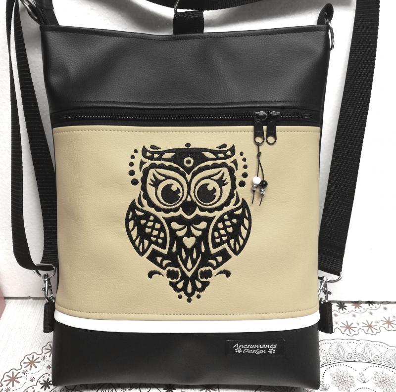 Art Bagoly 3in1 hímzett hátizsák univerzális táska fekete-drapp