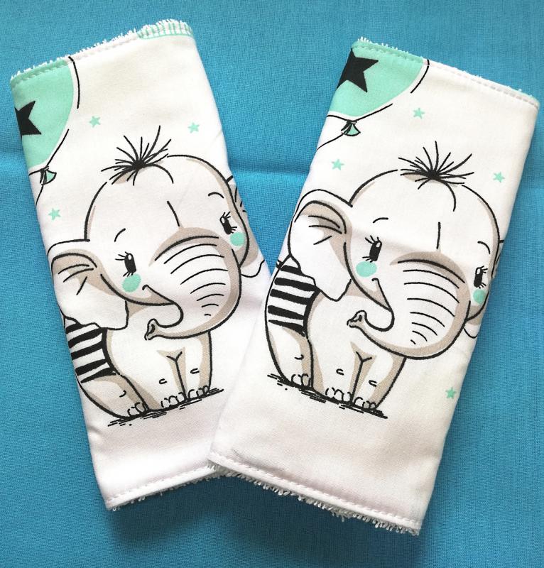 Babahordozó pántrágóka pántvédő párban kiselefánt fehér frottírral menta