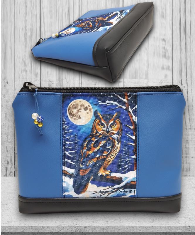 Bagoly 01 - Nagyméretű nyomtatott panellal díszített vízálló talpas textilbőr neszesszer