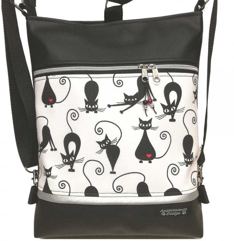 Bájolgó cicák fekete alapon 3in1 női hátizsák oldaltáska