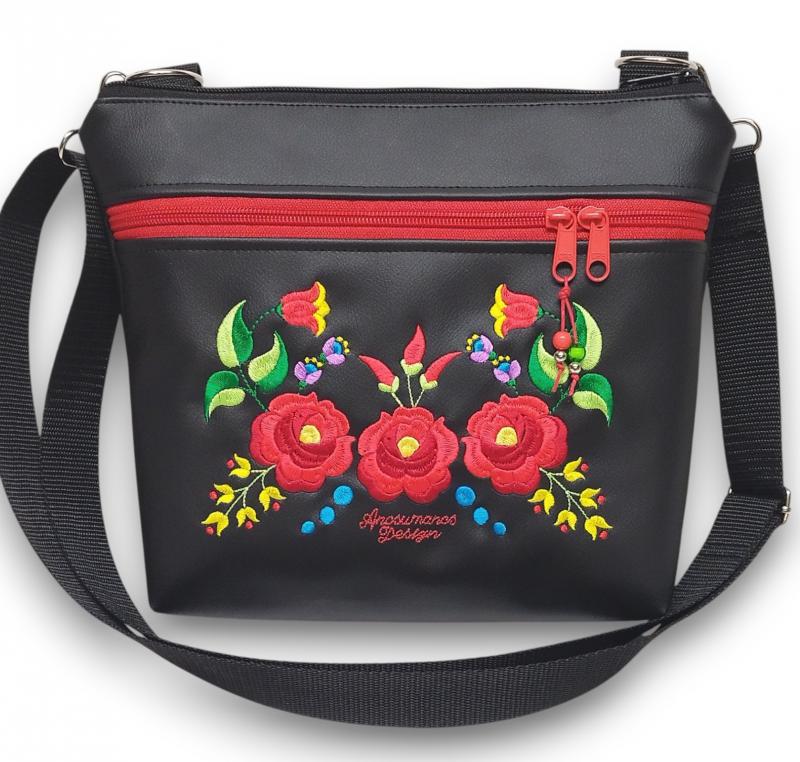 Bella crossbody oldaltáska 28x24cm - Hímzett Kalocsai virágos Hungarian Folkart30