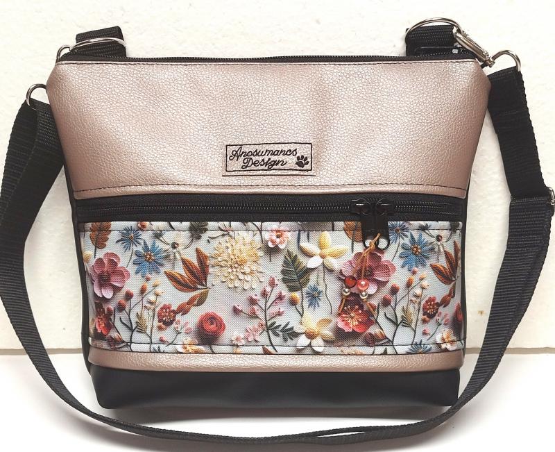 Bella crossbody oldaltáska övtáska 28x24cm - 3D virágok fekete-gyöngyházpúder