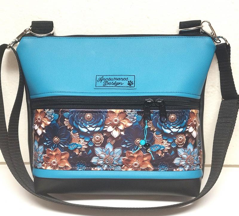 Bella crossbody oldaltáska övtáska 28x24cm - 3D virágok fekete-türkizkék