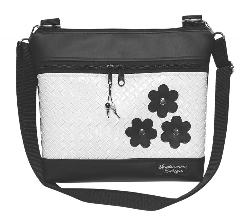 Bella crossbody oldaltáska övtáska 28x24cm - Elegáns fekete fehér applikált virágos