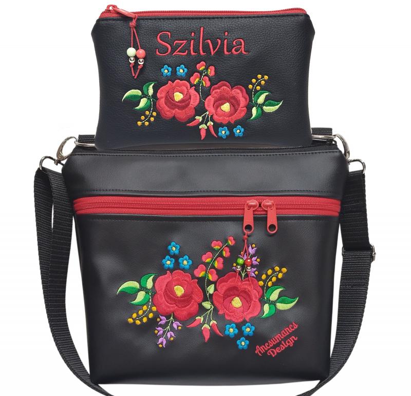 Bella crossbody oldaltáska szett neves pénztárcával 28x24cm - Hímzett Kalocsai virágos Hungarian Folkart07