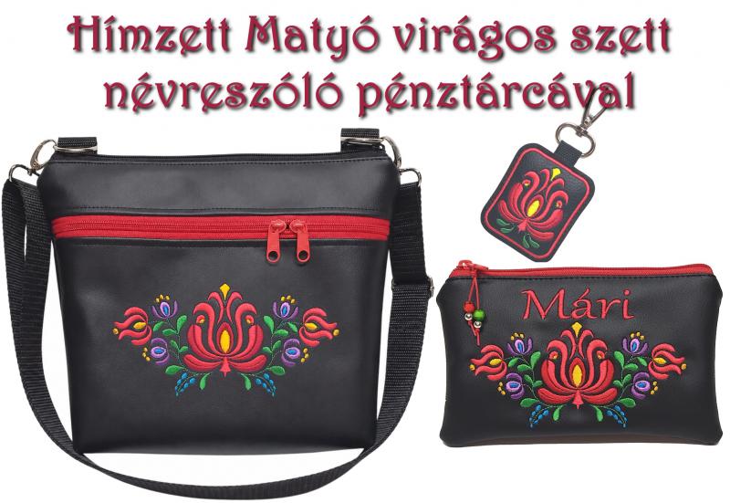 Bella crossbody oldaltáska szett neves pénztárcával kulcstartóval 28x24cm - Hímzett Matyó virágos Hungarian Folkart28