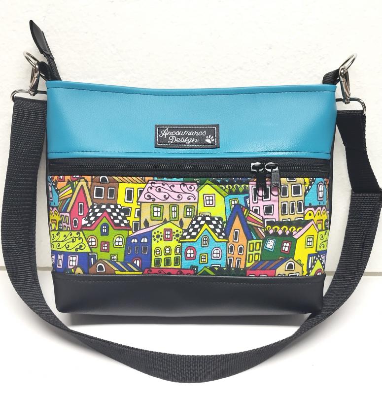 Bella Midi crossbody oldaltáska övtáska 26x21cm - Házikók türkizzel