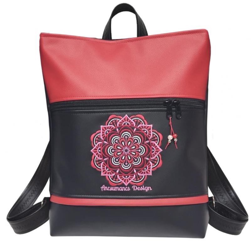 Bőrpántos pakolós hátizsák 4 zsebbel - Hímzett mandala piros fekete alapon (mandala001)36x30x8cm