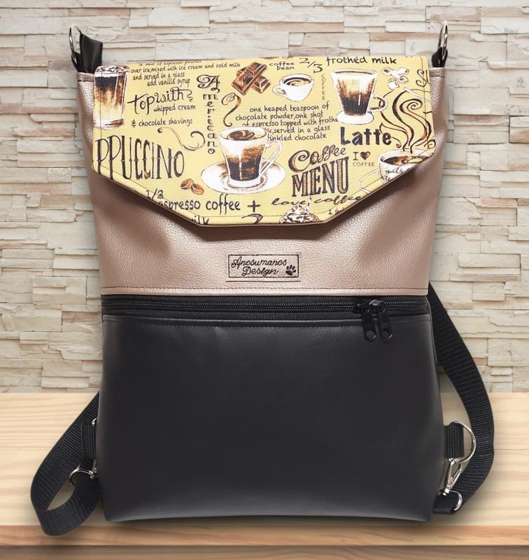 Cafe time fedélrészes 3in1 hátizsák univerzális táska fekete-púder alapon